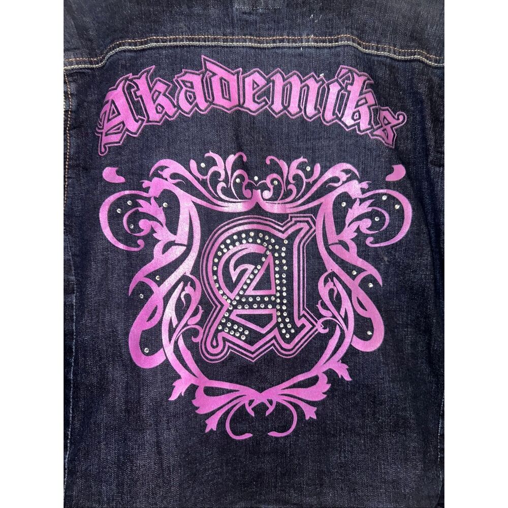 Vintage AKDMKS Akademiks junior full cover pink logo Blue denim Jean trucker Jac